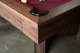 Corner view of the Arthur Deco solid walnut slate billiard table showcasing USA craftsmanship and detail by Doc & Holliday Billiards Corner view of the Arthur Deco solid walnut slate billiard table showcasing USA craftsmanship and detail by Doc & Holliday Billiards
